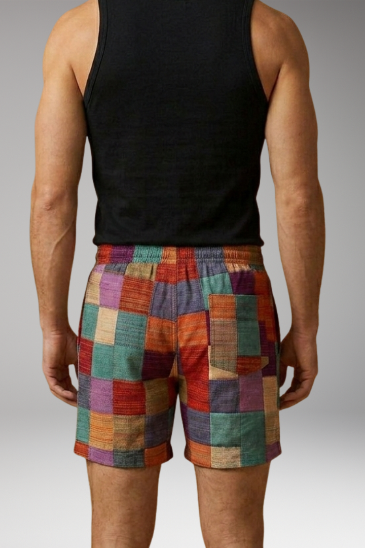 Men's Swim Shorts with Elastic Waistband and Multicolored Block Pattern