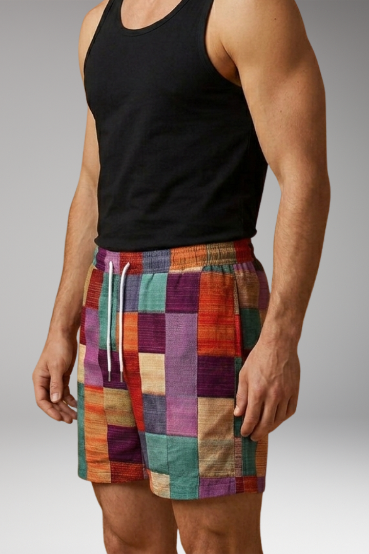 Men's Swim Shorts with Elastic Waistband and Multicolored Block Pattern