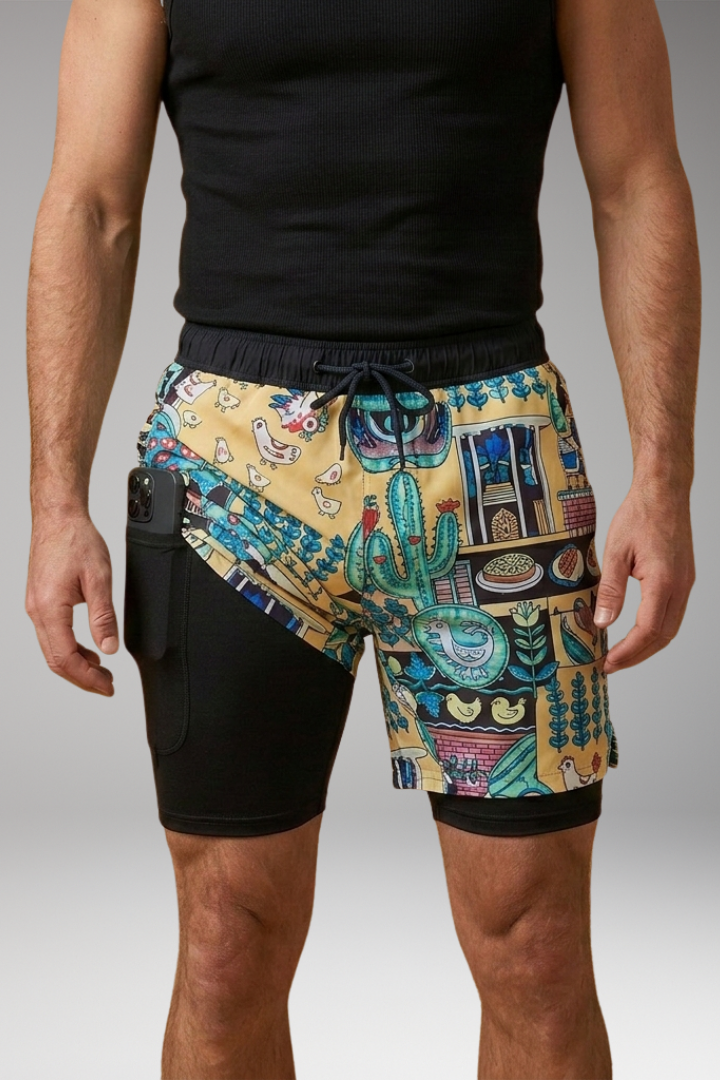 Men's Swim Shorts with Elastic Waistband and Printed Pattern