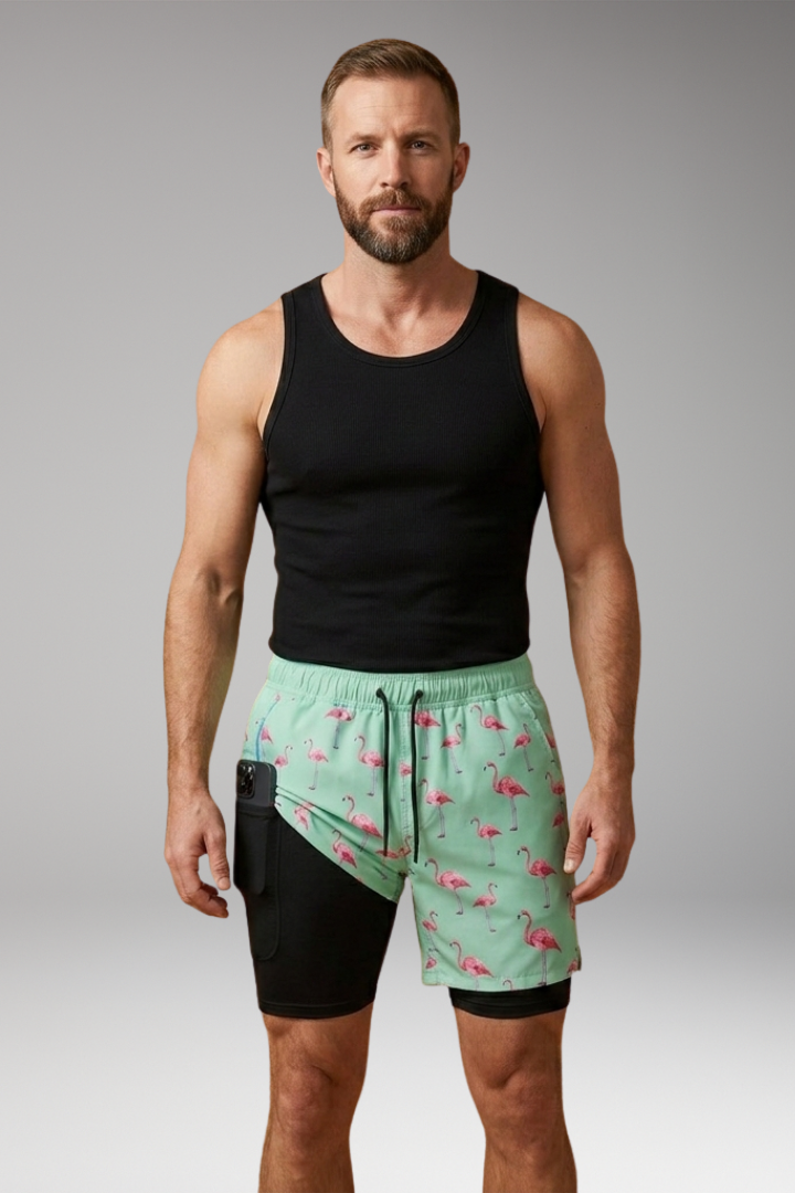 Men's Swim Shorts with Elastic Waistband and Printed Pattern