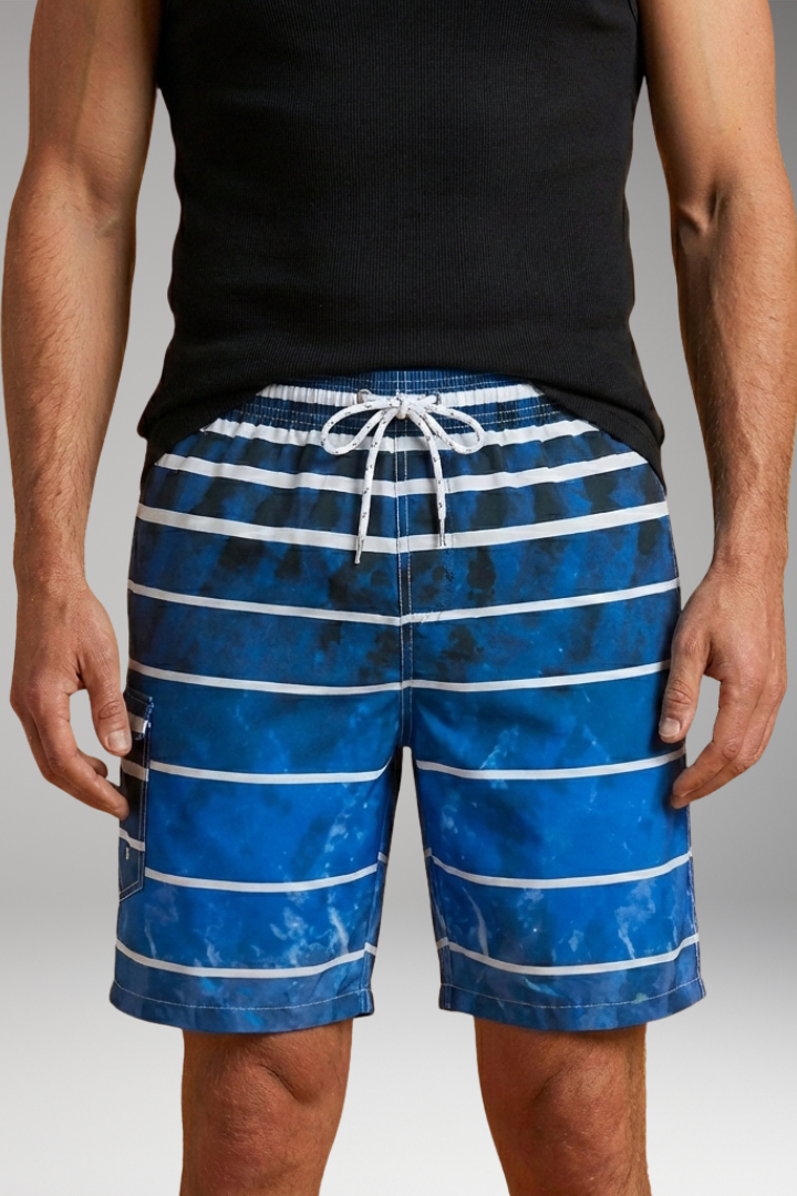 Men's Swim Shorts with Elastic Waistband and Striped Pattern