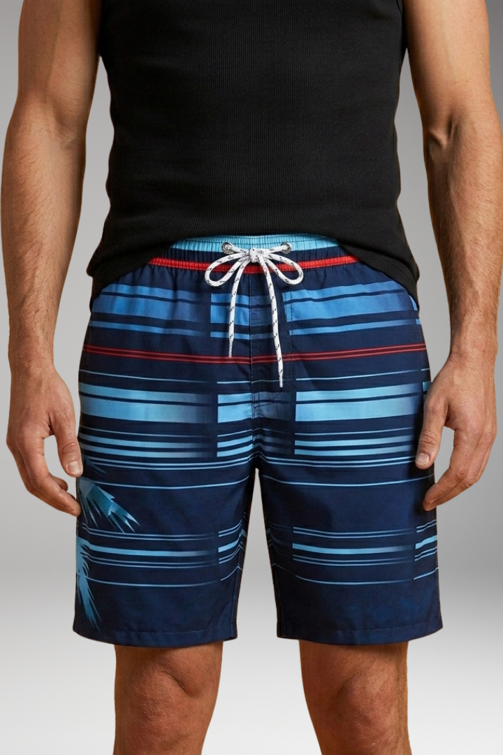 Men's Swim Trunks with Striped Pattern and Elastic Waistband