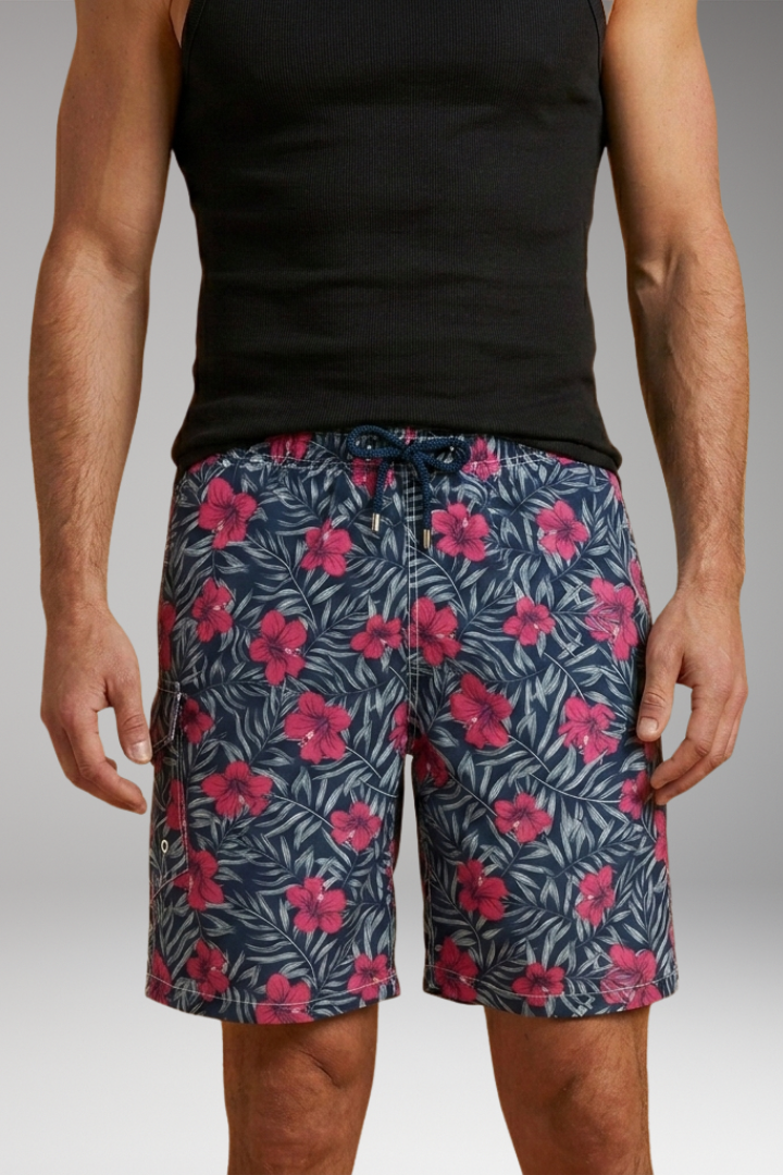 Men's Swim Shorts with Stretch Waistband and Tropical Print