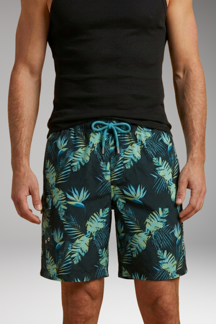 Men's Swim Shorts with Stretch Waistband and Tropical Print