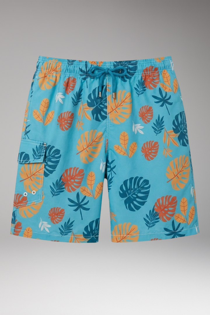 Men's Swim Shorts with Stretch Waistband and Tropical Print