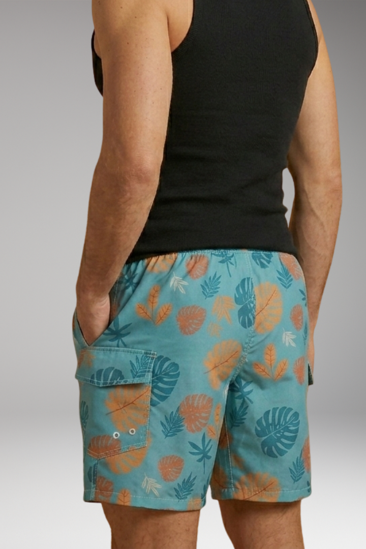 Men's Swim Shorts with Stretch Waistband and Tropical Print