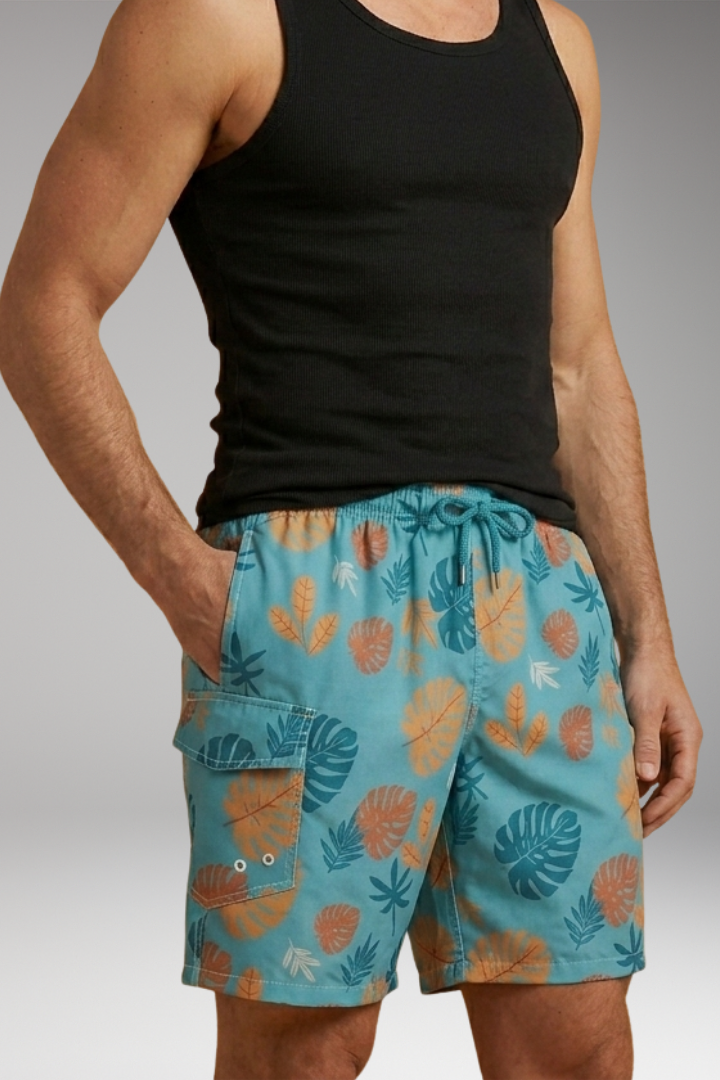 Men's Swim Shorts with Stretch Waistband and Tropical Print