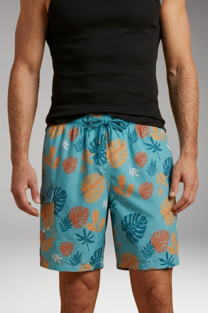 Men's Swim Shorts with Stretch Waistband and Tropical Print
