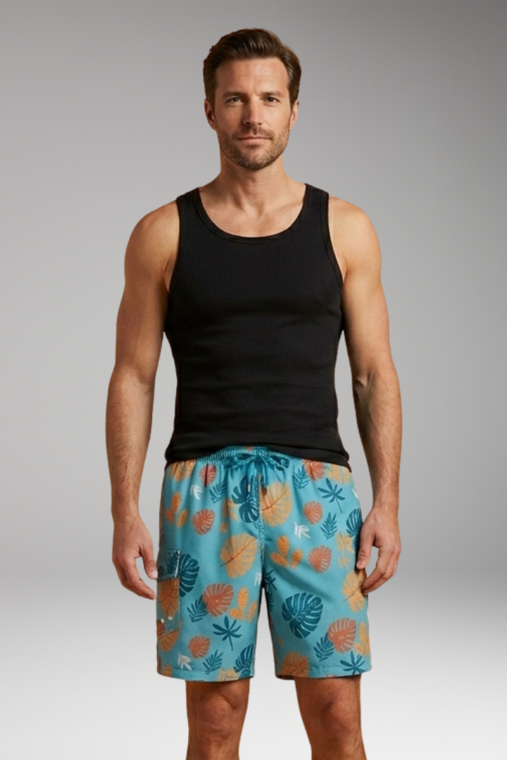 Men's Swim Shorts with Stretch Waistband and Tropical Print