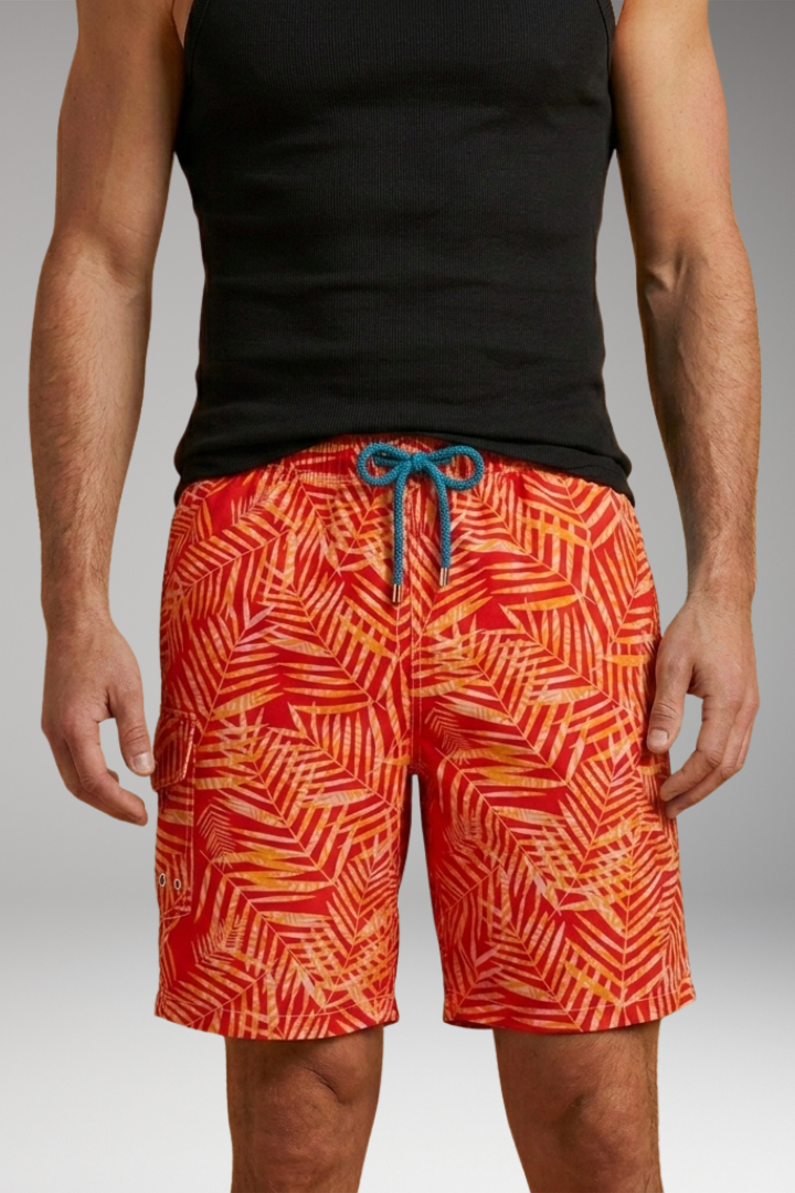 Men's Swim Shorts with Stretch Waistband and Tropical Print