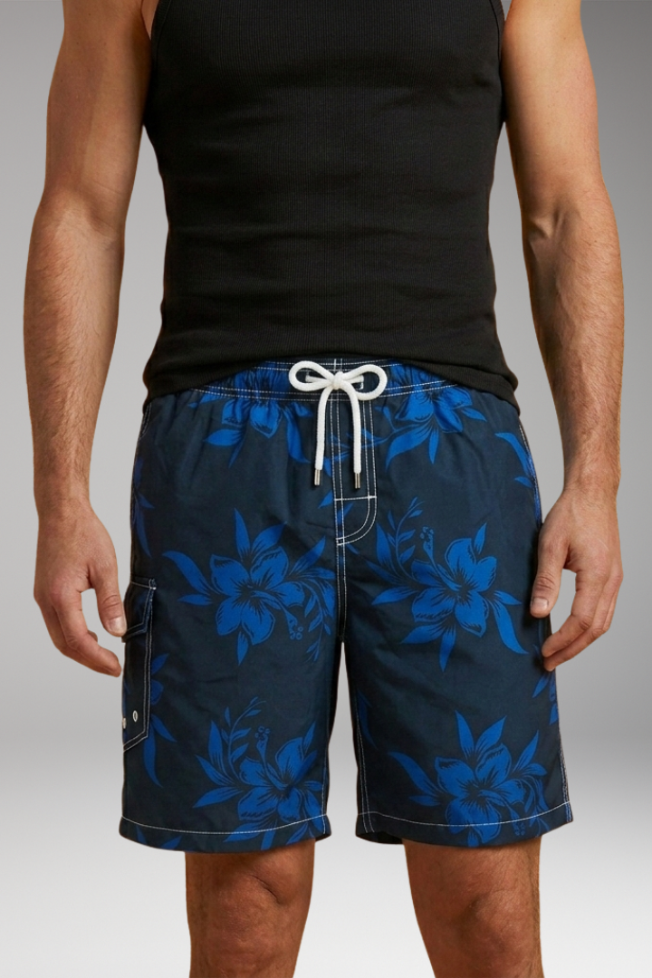 Men's Swim Shorts with Stretch Waistband and Tropical Print