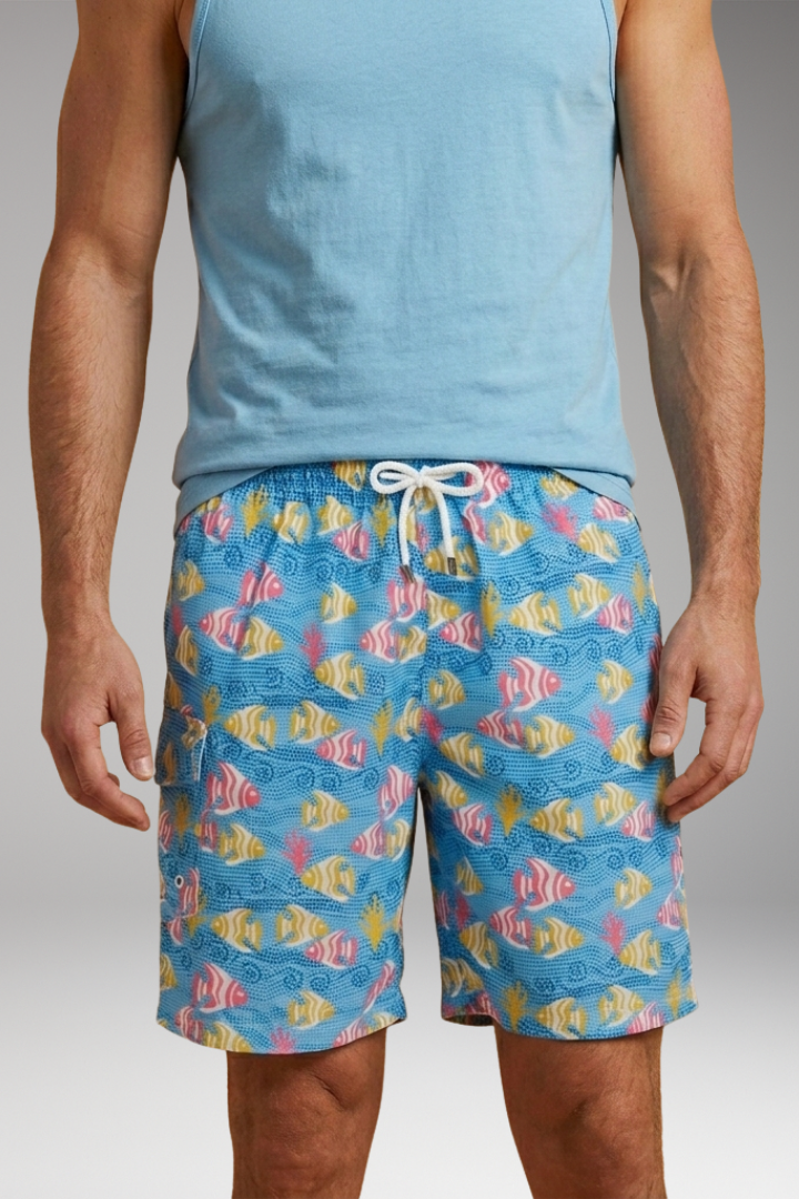 Men's Swim Shorts with Stretch Waistband and Tropical Print