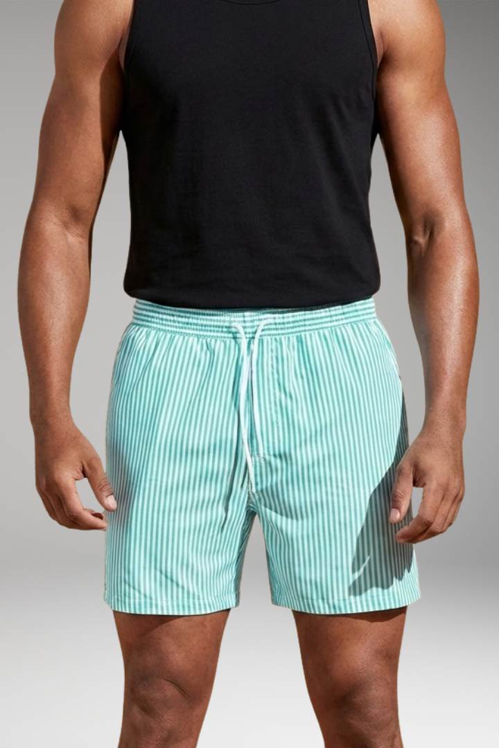 Men's Swim Shorts with Striped Design and Drawstring Waistband