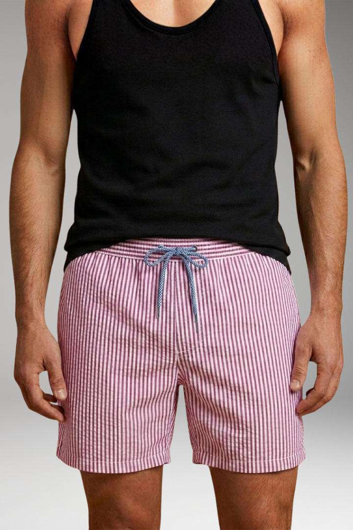 Men's Swim Shorts with Striped Design and Drawstring Waistband