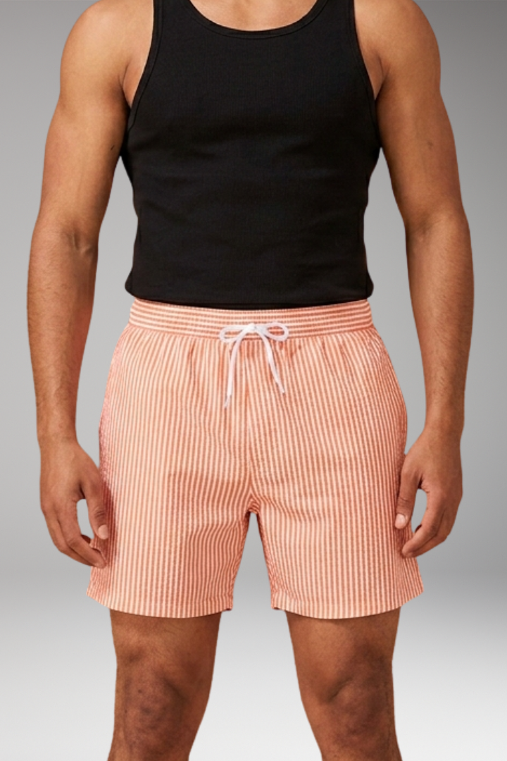 Men's Swim Shorts with Striped Design and Drawstring Waistband