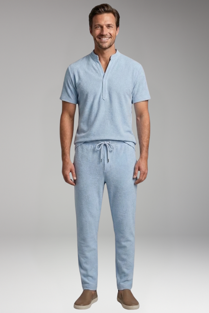 Men's T-Shirt and Pants Set with Henley Collar and Relaxed Fit