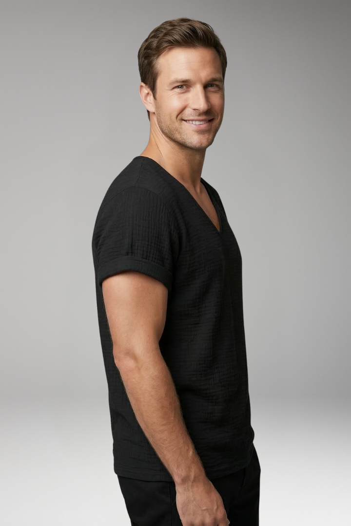 Men's T-Shirt with V-Neck and Rolled Sleeves
