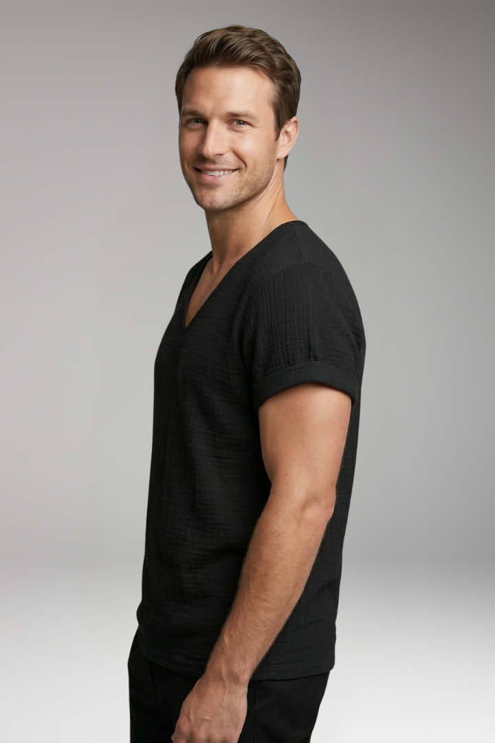 Men's T-Shirt with V-Neck and Rolled Sleeves