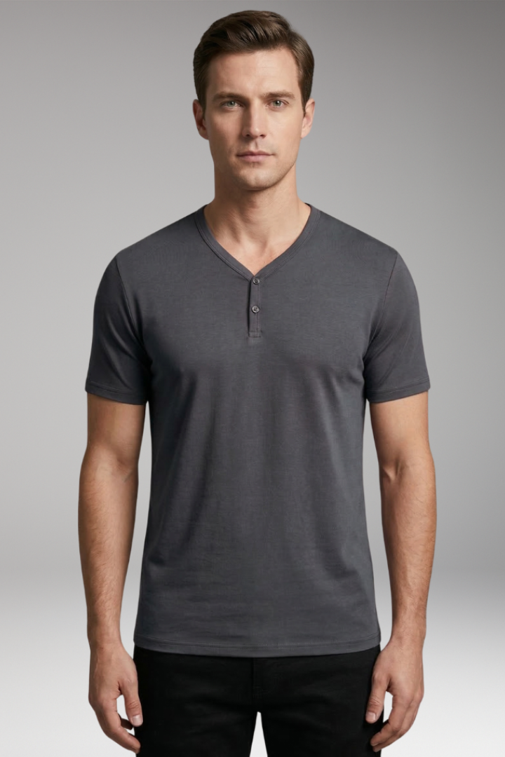 Men's T Shirt with Henley Neck and Short Sleeves