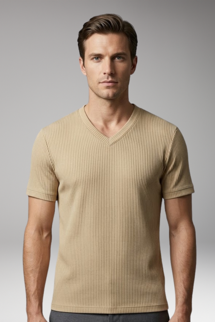 Men's T Shirt with V Neck and Ribbed Surface