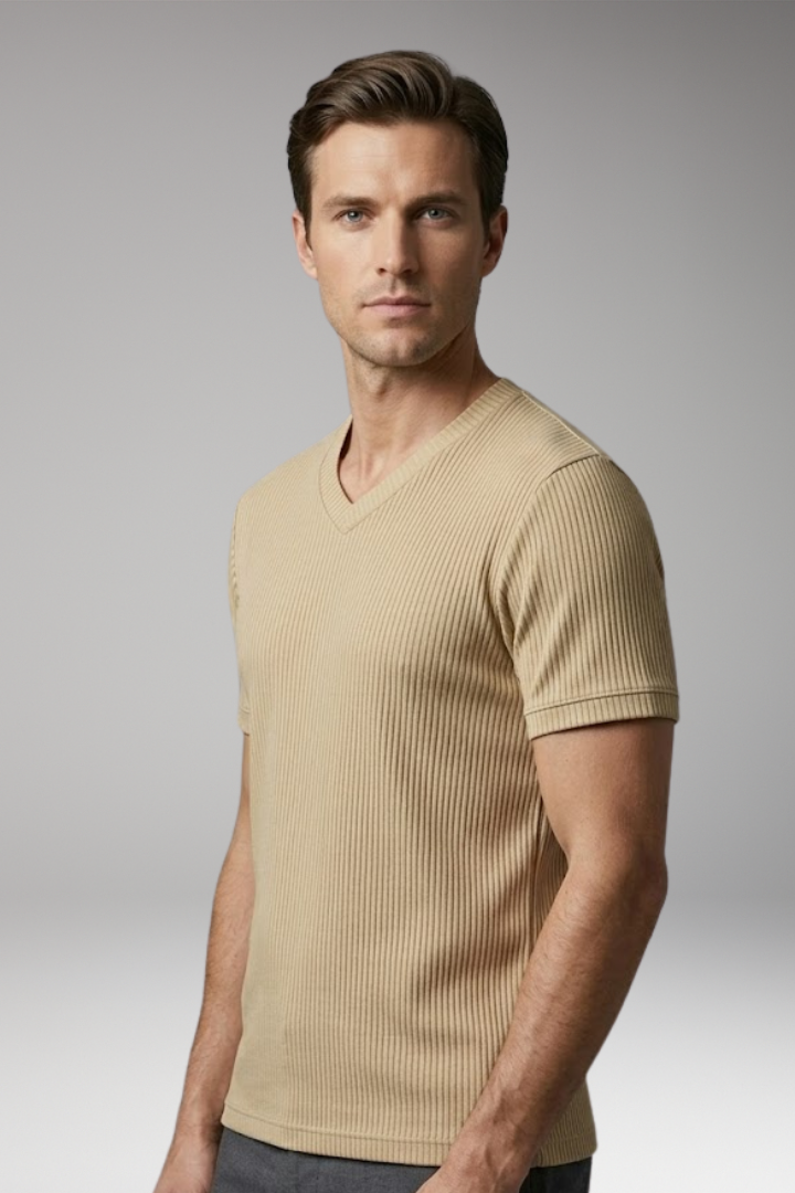 Men's T Shirt with V Neck and Ribbed Surface