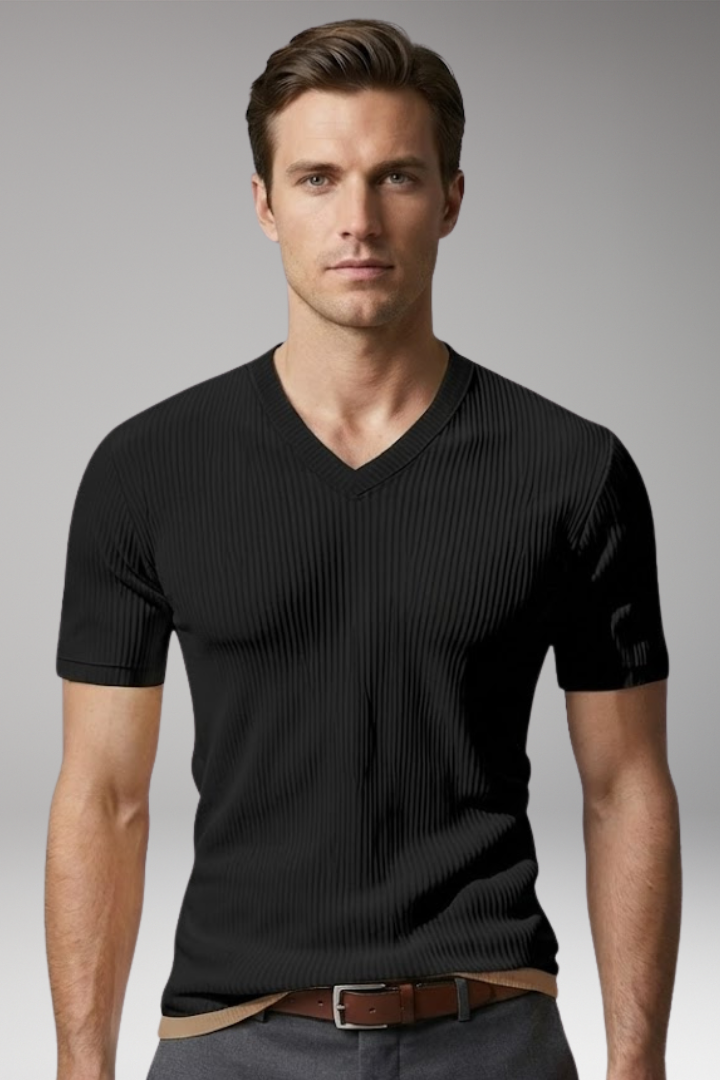 Men's T Shirt with V Neck and Ribbed Surface