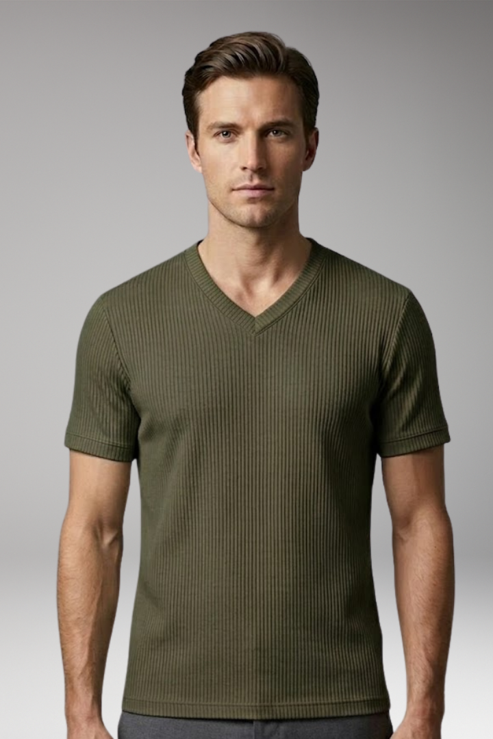 Men's T Shirt with V Neck and Ribbed Surface