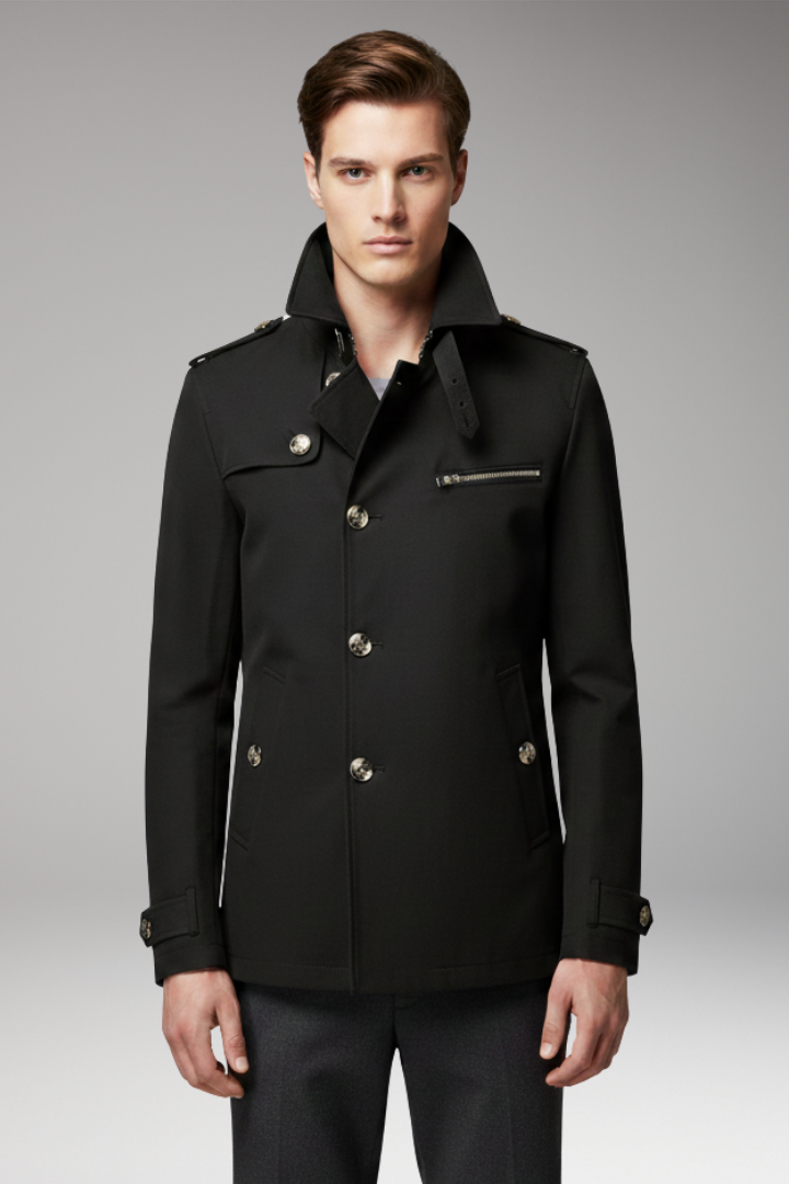 Men's Trench Coat with Front Button Closure and Structured Exterior
