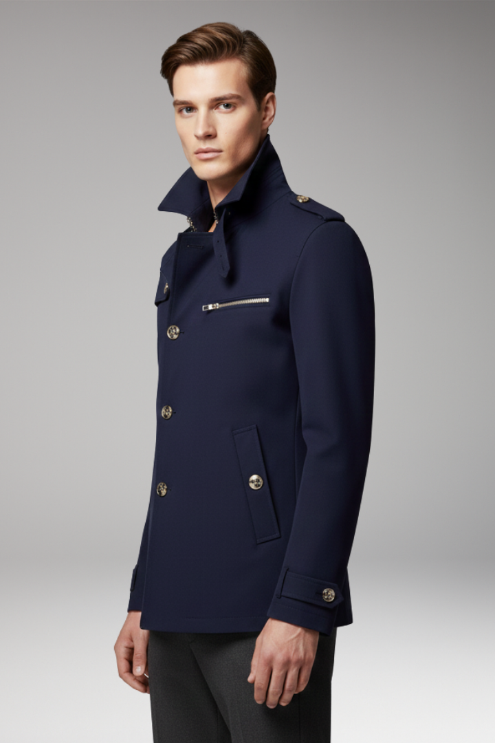 Men's Trench Coat with Front Button Closure and Structured Exterior