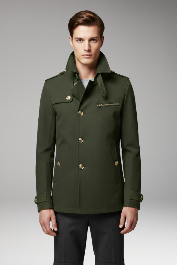 Men's Trench Coat with Front Button Closure and Structured Exterior
