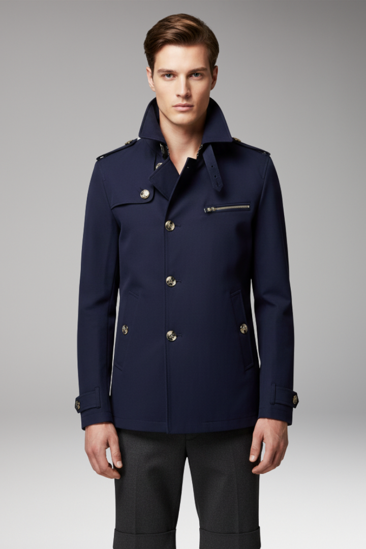 Men's Trench Coat with Front Button Closure and Structured Exterior