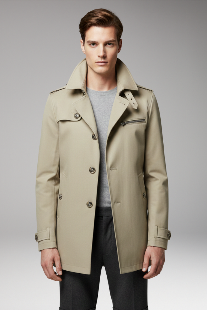Men's Trench Coat with Front Button Closure and Structured Exterior