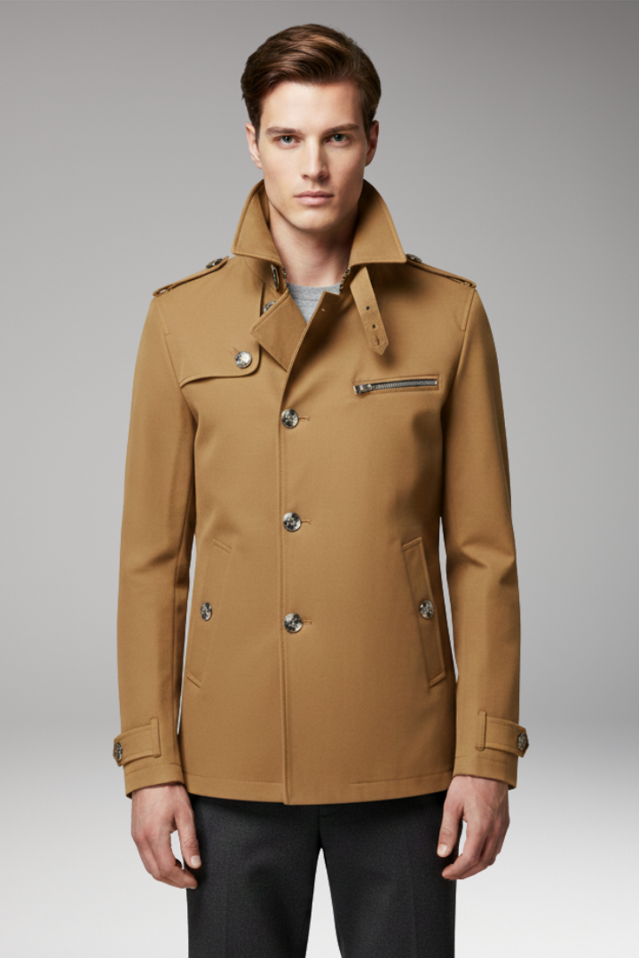 Men's Trench Coat with Front Button Closure and Structured Exterior