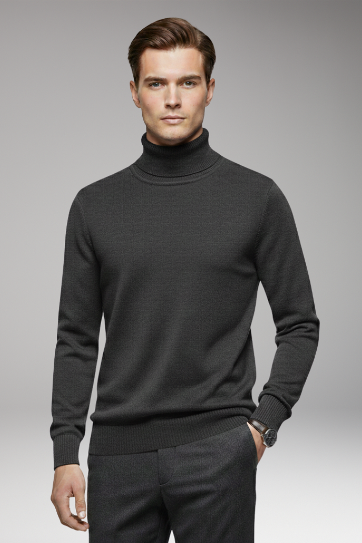 Men's Turtleneck Sweater with Ribbed Cuffs and Ribbed Hem
