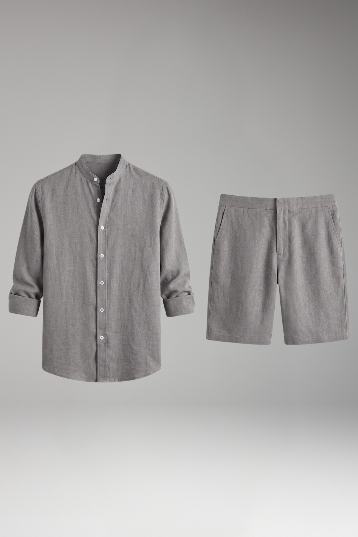 Men's Two-Piece Set with Button-Up Shirt and Relaxed Fit Shorts
