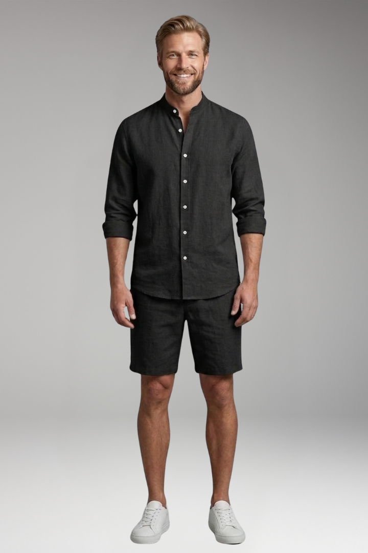 Men's Two-Piece Set with Button-Up Shirt and Relaxed Fit Shorts