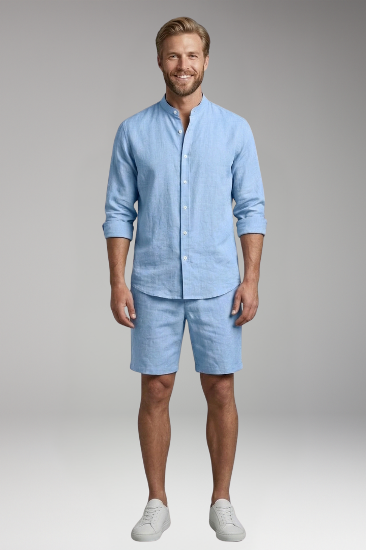 Men's Two-Piece Set with Button-Up Shirt and Relaxed Fit Shorts