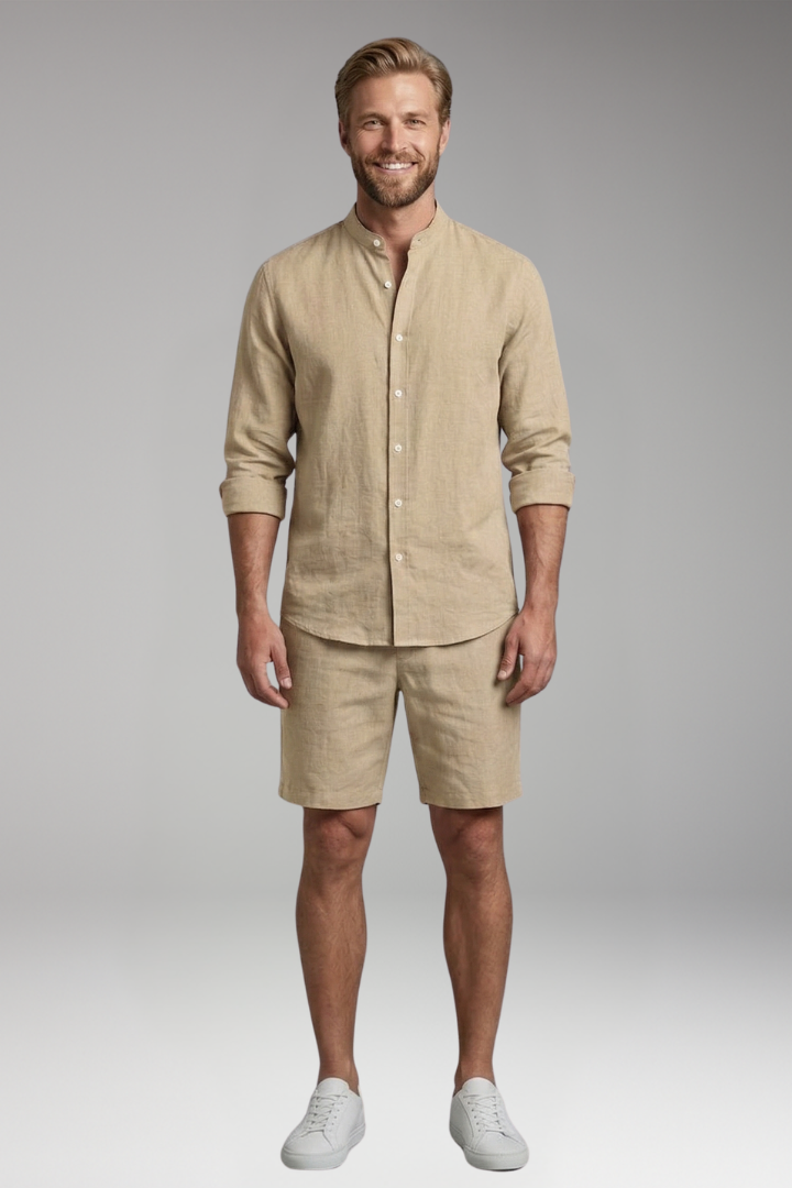Men's Two-Piece Set with Button-Up Shirt and Relaxed Fit Shorts