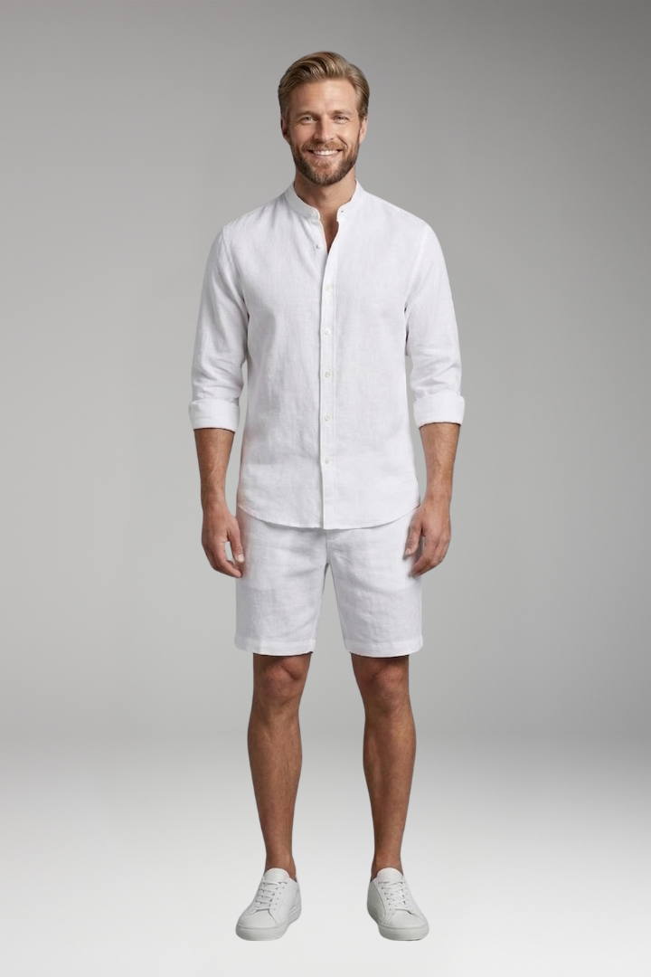Men's Two-Piece Set with Button-Up Shirt and Relaxed Fit Shorts
