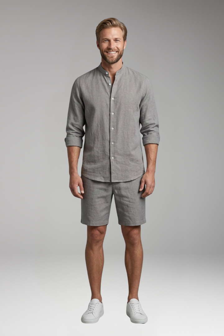Men's Two-Piece Set with Button-Up Shirt and Relaxed Fit Shorts