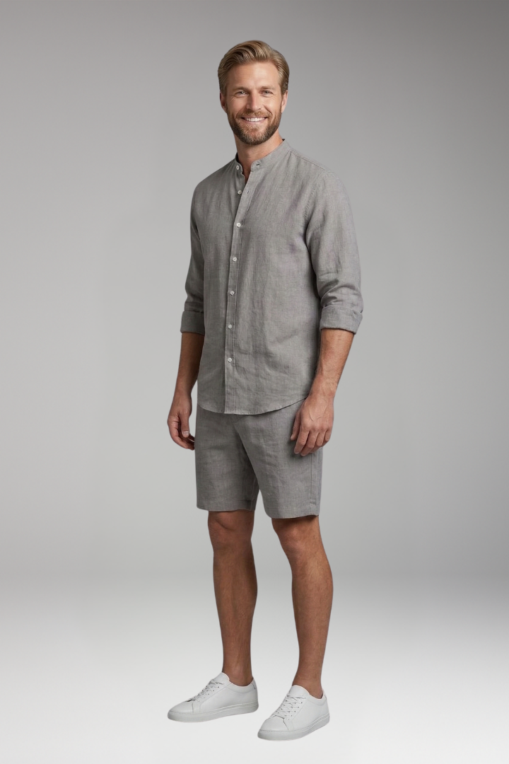 Men's Two-Piece Set with Button-Up Shirt and Relaxed Fit Shorts