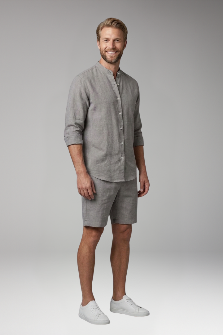 Men's Two-Piece Set with Button-Up Shirt and Relaxed Fit Shorts