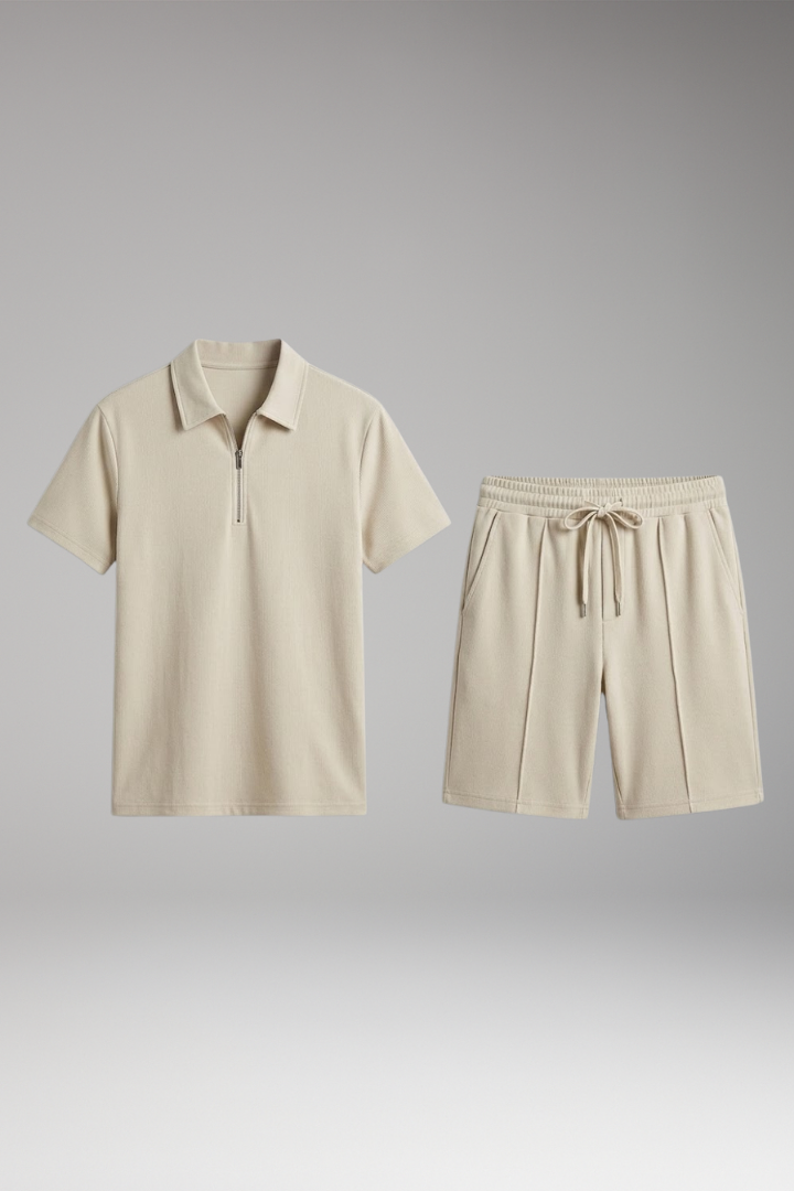 Men's Two-Piece Set with Half-Zip Shirt and Elastic Waistband Shorts