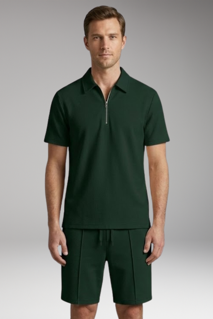 Men's Two-Piece Set with Half-Zip Shirt and Elastic Waistband Shorts