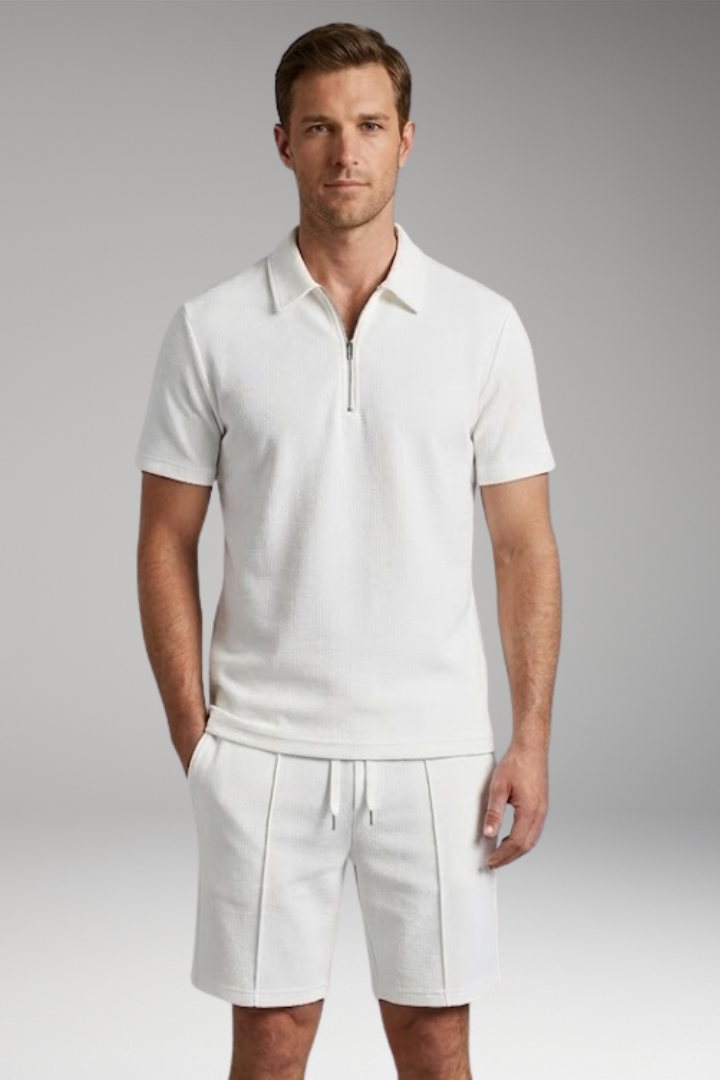 Men's Two-Piece Set with Half-Zip Shirt and Elastic Waistband Shorts