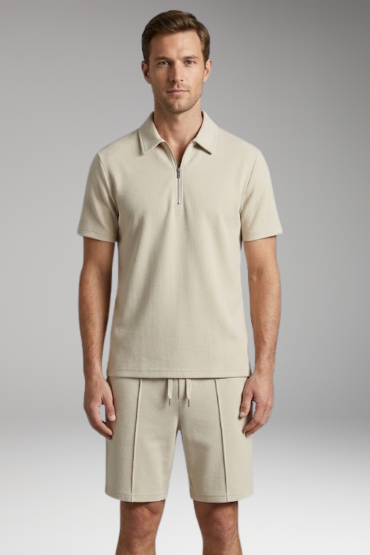 Men's Two-Piece Set with Half-Zip Shirt and Elastic Waistband Shorts