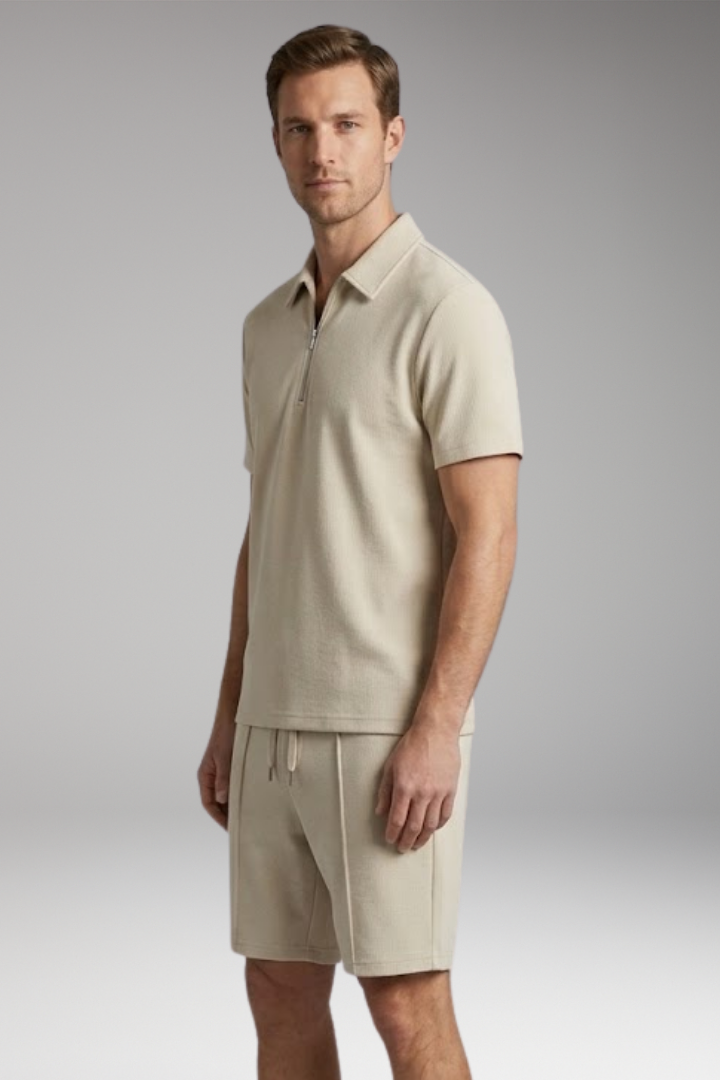 Men's Two-Piece Set with Half-Zip Shirt and Elastic Waistband Shorts