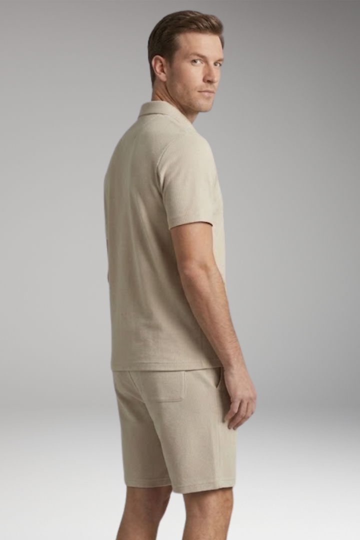 Men's Two-Piece Set with Half-Zip Shirt and Elastic Waistband Shorts