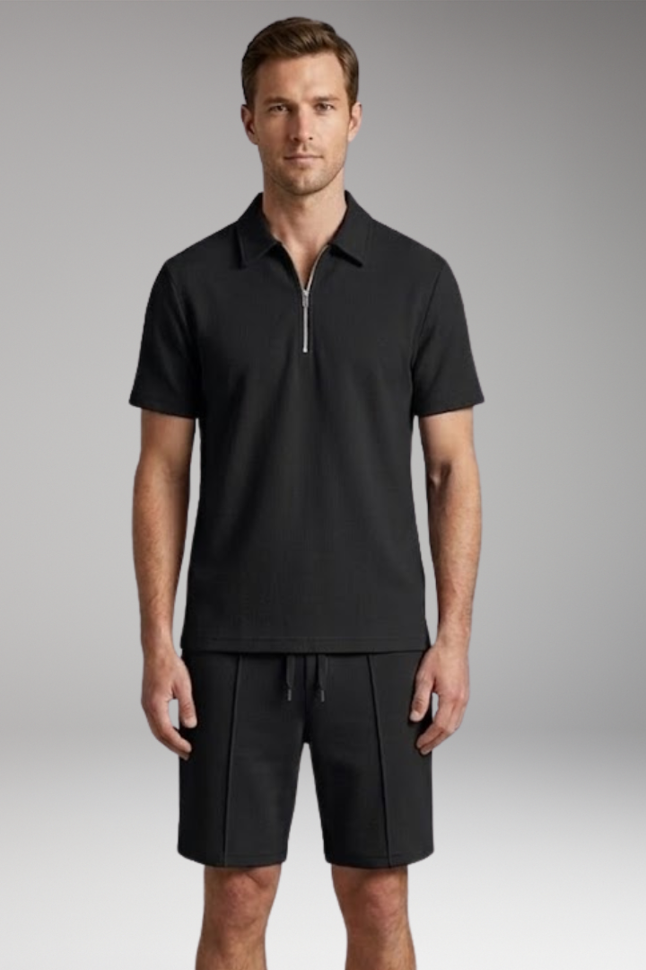 Men's Two-Piece Set with Half-Zip Shirt and Elastic Waistband Shorts