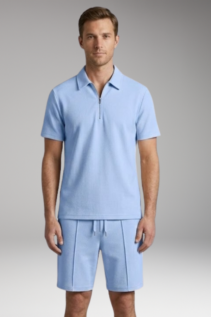 Men's Two-Piece Set with Half-Zip Shirt and Elastic Waistband Shorts
